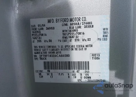 2004 Ford F-150 Heritage Xl/Xlt из США, поврежденный, VIN 2FTRF18204CA84580